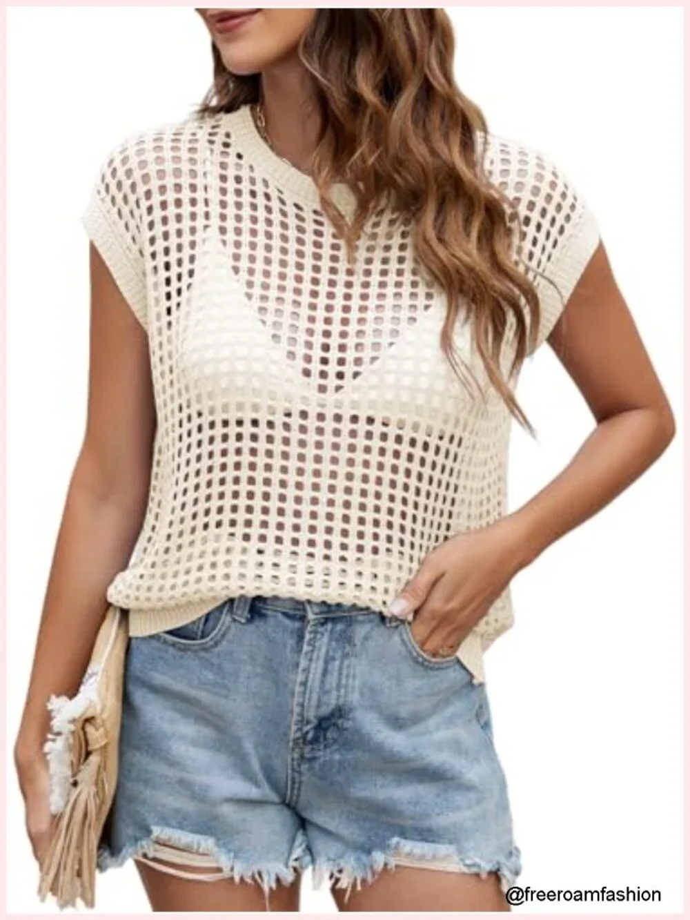 Crochet Cover Up Tank Top Hollow Out Cap Sleeve Sweater Vest